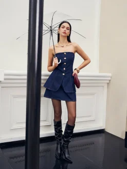COMMENSE Button Split Denim Corset* Corset Tops|Denim