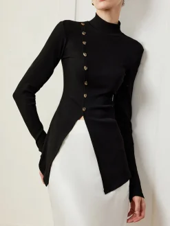 COMMENSE Button Split Skinny Blouse* Blouses & Shirts|Tops