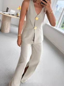COMMENSE Button Split Sleeveless Pants Set* Pants Sets|Matching Sets