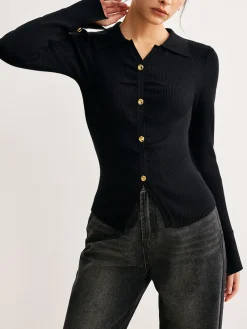 COMMENSE Button Split Slim Polo Sweater* Sweater Tops|Sweaters & Cardigans