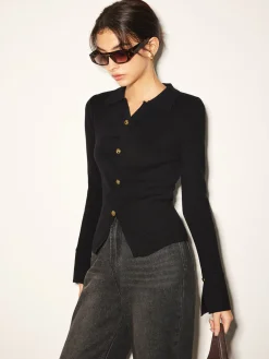 COMMENSE Button Split Slim Polo Sweater* Sweater Tops|Sweaters & Cardigans