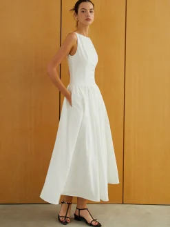 COMMENSE Button-Front Sleeveless Pockets Long Dress* White Dresses|Work Dresses