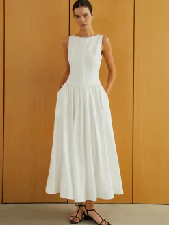 COMMENSE Button-Front Sleeveless Pockets Long Dress* Work Dresses|Casual Dresses