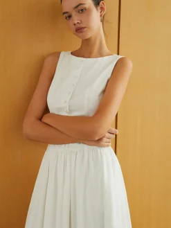 COMMENSE Button-Front Sleeveless Pockets Long Dress* Work Dresses|Casual Dresses