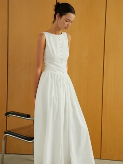 COMMENSE Button-Front Sleeveless Pockets Long Dress* Work Dresses|Casual Dresses