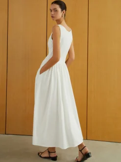 COMMENSE Button-Front Sleeveless Pockets Long Dress* Work Dresses|Casual Dresses