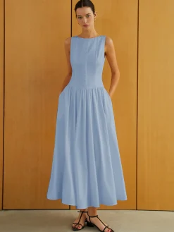COMMENSE Button-Front Sleeveless Pockets Long Dress* Work Dresses|Casual Dresses