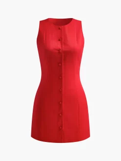 COMMENSE Button-Front Sleeveless Short Dress* Casual Dresses|Work Dresses