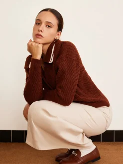 COMMENSE Cable Knit Button Polo Sweater* Sweater Tops|Sweaters & Cardigans