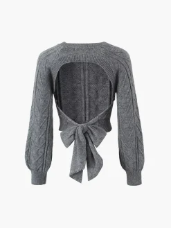 COMMENSE Cable Knit Tie Back Crop Sweater* Sweater Tops|Sweaters & Cardigans