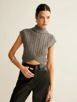 COMMENSE Cable-Knit Mock Neck Crop Sweater Vest* Sweater Vests|Sweaters & Cardigans