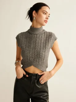 COMMENSE Cable-Knit Mock Neck Crop Sweater Vest* Sweater Vests|Sweaters & Cardigans