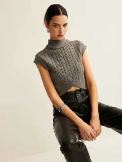 COMMENSE Cable-Knit Mock Neck Crop Sweater Vest* Sweater Vests|Sweaters & Cardigans