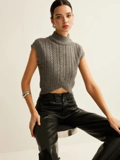 COMMENSE Cable-Knit Mock Neck Crop Sweater Vest* Sweater Vests|Sweaters & Cardigans