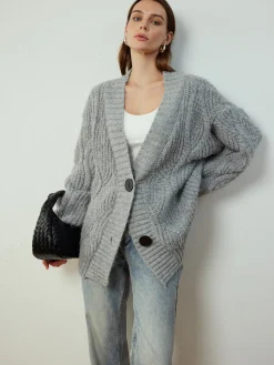 COMMENSE Cable-Knit Shift Button Cardigan* Cardigans|Sweaters & Cardigans