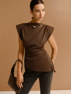 COMMENSE Cap Sleeve Asymmetrical Hem Skinny Blouse* Tops