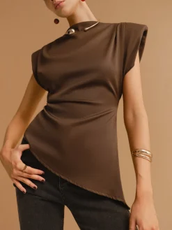 COMMENSE Cap Sleeve Asymmetrical Hem Skinny Blouse* Tops