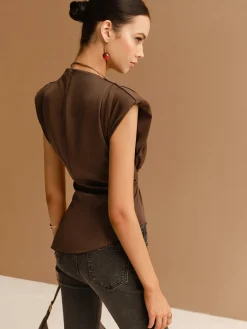 COMMENSE Cap Sleeve Asymmetrical Hem Skinny Blouse* Tops