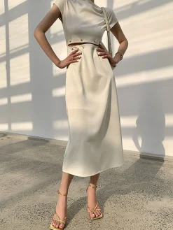COMMENSE Cap Sleeve Cutout Midi Dress* White Dresses|Black Dresses