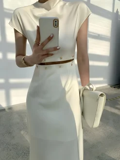 COMMENSE Cap Sleeve Cutout Midi Dress* White Dresses|Black Dresses