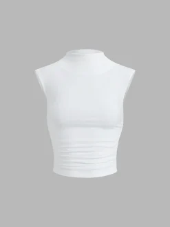 COMMENSE Cap Sleeve Funnel Neck Ruched Shirt* Sweater Tops|T-shirts