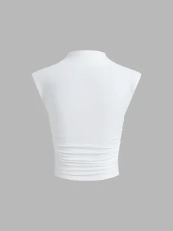 COMMENSE Cap Sleeve Funnel Neck Ruched Shirt* Sweater Tops|T-shirts