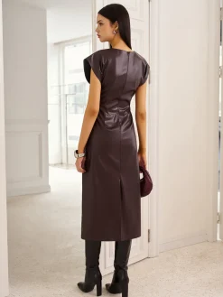 COMMENSE Cap-Sleeve Knotted Faux Leather Dress* Casual Dresses|Work Dresses