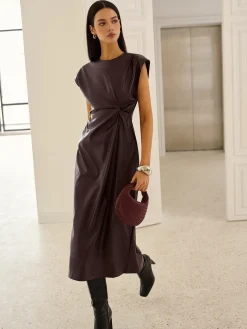 COMMENSE Cap-Sleeve Knotted Faux Leather Dress* Casual Dresses|Work Dresses