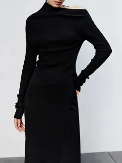 COMMENSE Caramel Slit Maxi Knit Skirt* Long Sleeve Sets|Skirts
