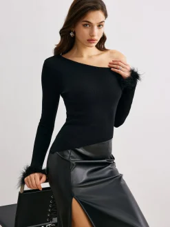 COMMENSE Cashmere Asymmetrical Neck Slim Sweater* Sweater Tops|Sweaters & Cardigans