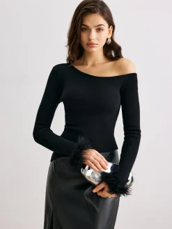 COMMENSE Cashmere Asymmetrical Neck Slim Sweater* Sweater Tops|Sweaters & Cardigans