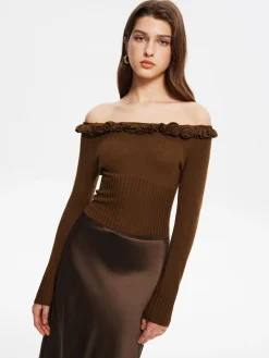 COMMENSE Cashmere-Blend Off-Shoulder Ruffle Sweater* Sweater Tops|Sweaters & Cardigans