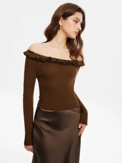 COMMENSE Cashmere-Blend Off-Shoulder Ruffle Sweater* Sweater Tops|Sweaters & Cardigans