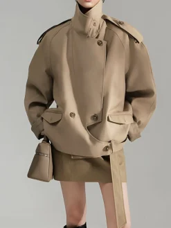 COMMENSE Casual Asymmetrical Lapel Trench Coat* Outerwear|Coats