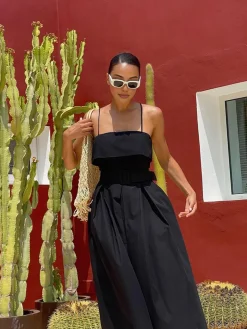 COMMENSE Casual Belted Cami Long Dress* Black Dresses|Casual Dresses