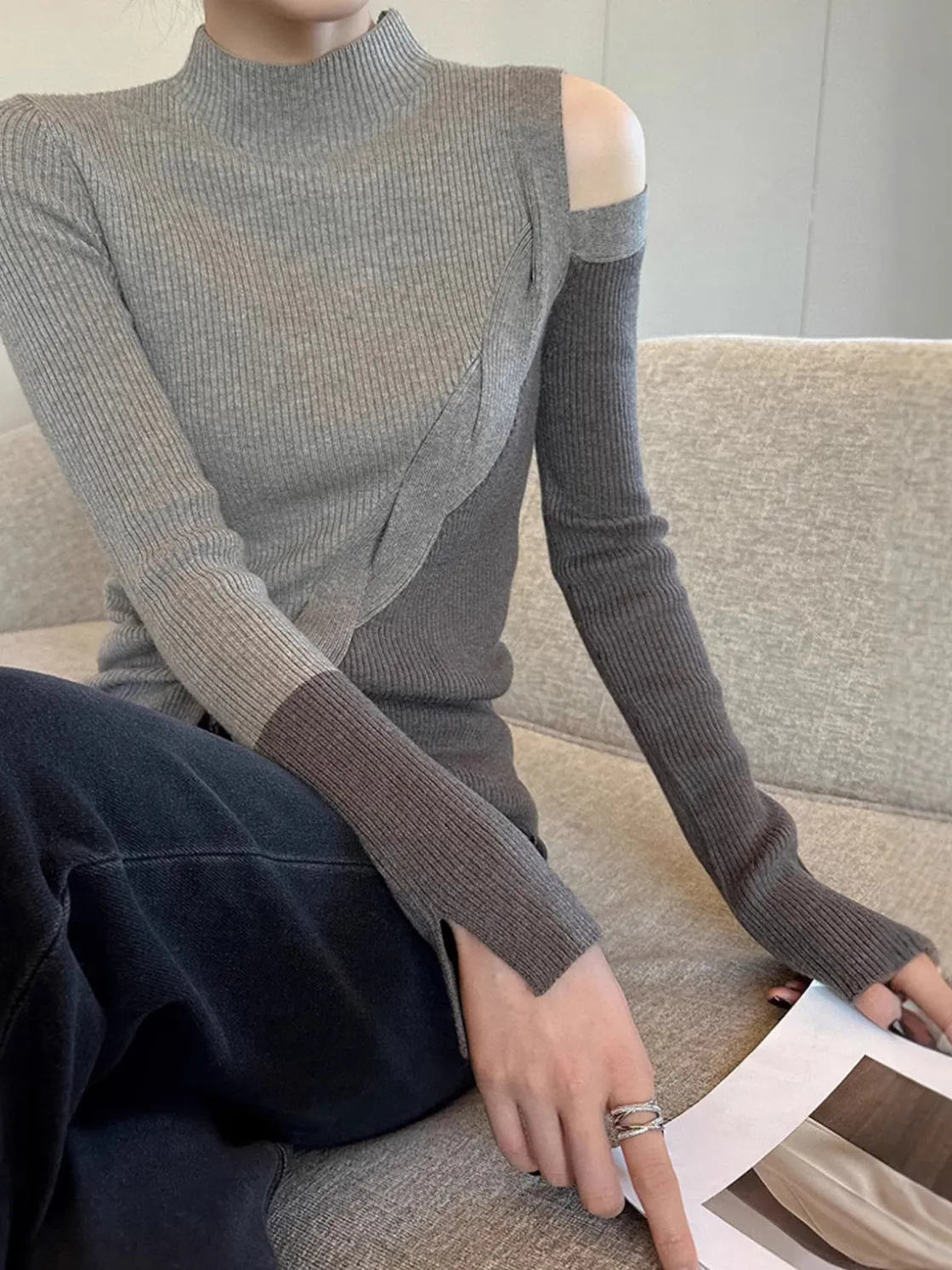 COMMENSE Casual Color Block Cutout Knit Top* Sweater Tops|Sweaters & Cardigans