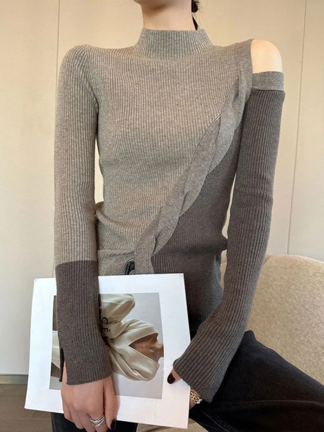 COMMENSE Casual Color Block Cutout Knit Top* Sweater Tops|Sweaters & Cardigans