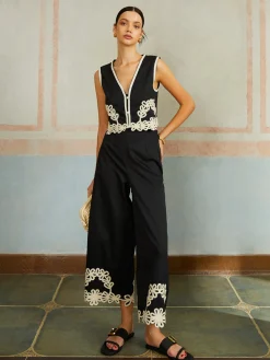 COMMENSE Casual Embroidery Sleeveless Zipper Pants Set* Pants Sets|Matching Sets