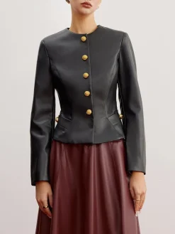 COMMENSE Casual Faux Leather Slim Jacket* Outerwear|Jackets