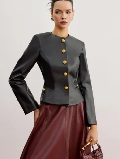 COMMENSE Casual Faux Leather Slim Jacket* Outerwear|Jackets