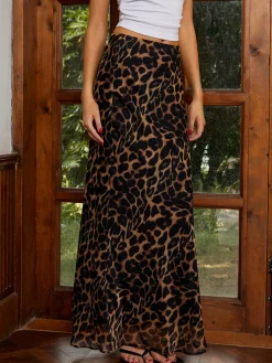 COMMENSE Casual Leopard Print Chiffon Maxi Skirt* Skirts|Bottoms