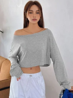 COMMENSE Casual Off-Shoulder Long Sleeve Short T-Shirt* T-shirts|Tops