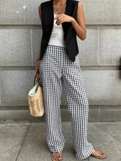 COMMENSE Casual Plaid Wide Leg Pants* Wide Leg|Pants