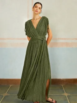 COMMENSE Casual Pleated Belted Long Dress* Casual Dresses|Vacation Dresses