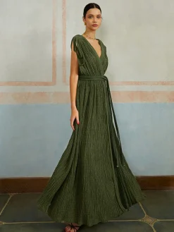 COMMENSE Casual Pleated Belted Long Dress* Casual Dresses|Vacation Dresses