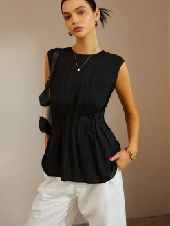 COMMENSE Casual Sleeveless Pleated Button Back Blouse* Blouses & Shirts|Tops