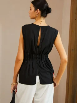 COMMENSE Casual Sleeveless Pleated Button Back Blouse* Blouses & Shirts|Tops