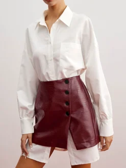 COMMENSE Casual Solid Shirt With Faux Leather Mini Skirt Set* Skirt Sets|Long Sleeve Sets