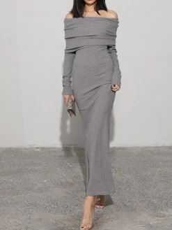 COMMENSE Charcoal Off Shoulder Overfold Long Sleeve Long Dress* Casual Dresses|Cocktail & Party Dresses