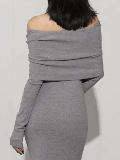 COMMENSE Charcoal Off Shoulder Overfold Long Sleeve Long Dress* Casual Dresses|Cocktail & Party Dresses